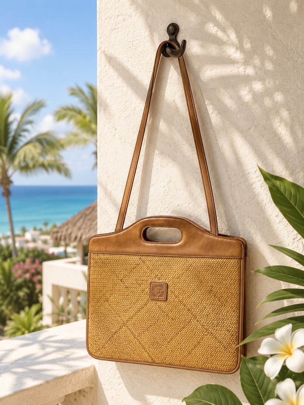 ANNE KLEIN Vintage Tan Leather & Woven Straw Shoulder Bag Resort